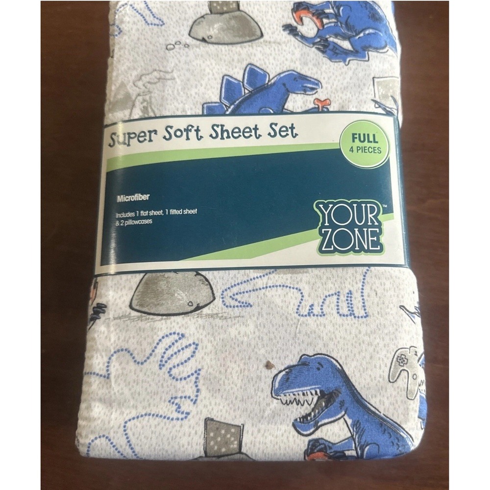 Your Zone Kids Soft Microfiber Sheet Set, Dino Gamer, Full, 4 Pieces, Easy Care